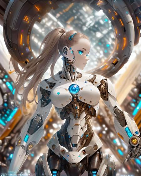 16286-69420-full_body, 1girl, mecha, glowing blue eyes, cute, biomechanical, complex robot, interior spaceship background in bokeh, hyper re.png